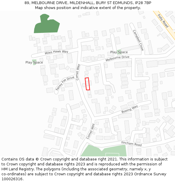 89, MELBOURNE DRIVE, MILDENHALL, BURY ST EDMUNDS, IP28 7BP: Location map and indicative extent of plot