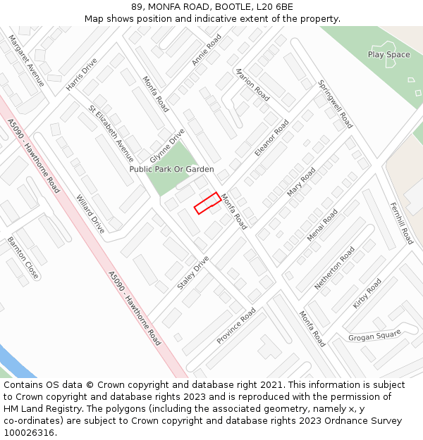 89, MONFA ROAD, BOOTLE, L20 6BE: Location map and indicative extent of plot