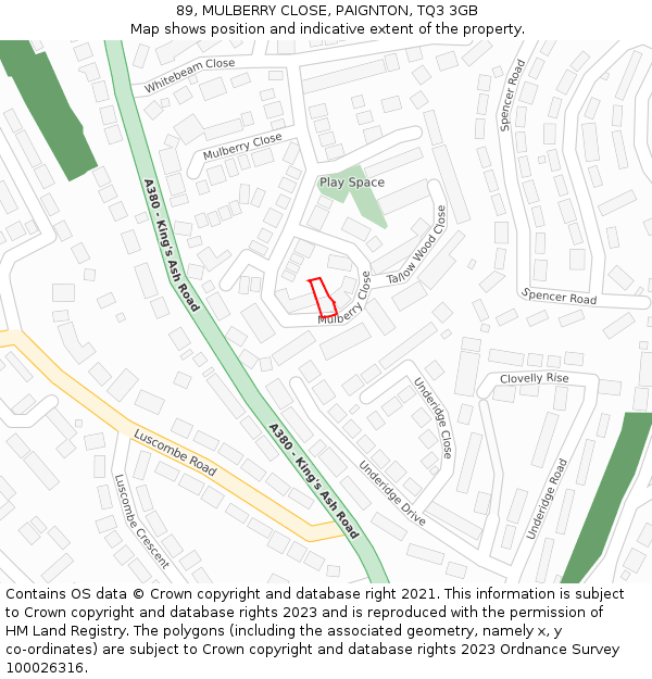 89, MULBERRY CLOSE, PAIGNTON, TQ3 3GB: Location map and indicative extent of plot