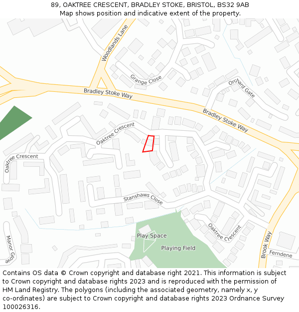 89, OAKTREE CRESCENT, BRADLEY STOKE, BRISTOL, BS32 9AB: Location map and indicative extent of plot