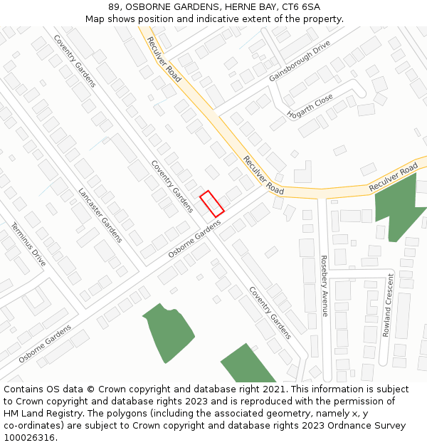 89, OSBORNE GARDENS, HERNE BAY, CT6 6SA: Location map and indicative extent of plot