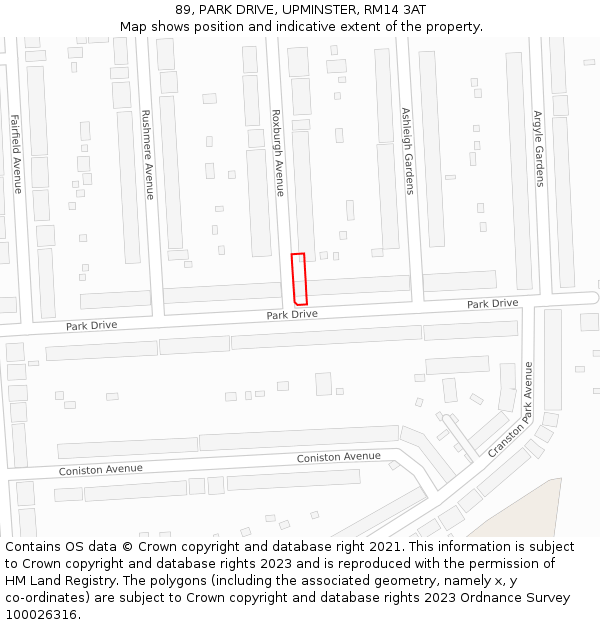 89, PARK DRIVE, UPMINSTER, RM14 3AT: Location map and indicative extent of plot