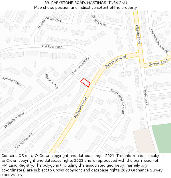 89, PARKSTONE ROAD, HASTINGS, TN34 2NU: Location map and indicative extent of plot