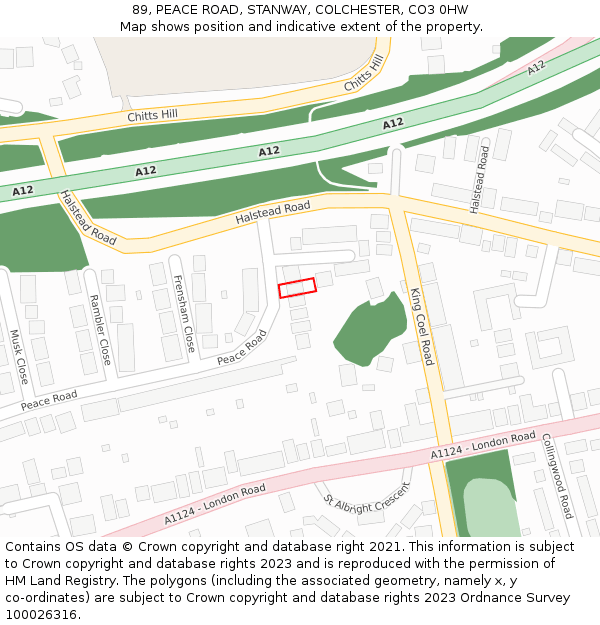 89, PEACE ROAD, STANWAY, COLCHESTER, CO3 0HW: Location map and indicative extent of plot