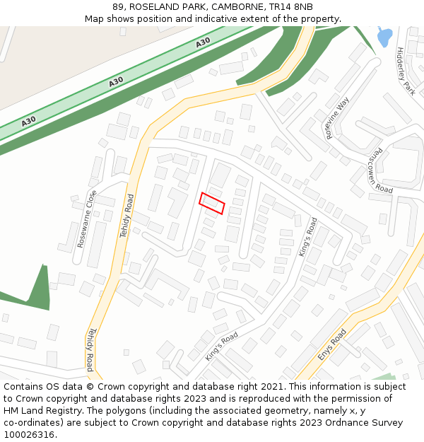 89, ROSELAND PARK, CAMBORNE, TR14 8NB: Location map and indicative extent of plot