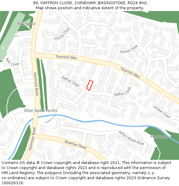 89, SAFFRON CLOSE, CHINEHAM, BASINGSTOKE, RG24 8XQ: Location map and indicative extent of plot