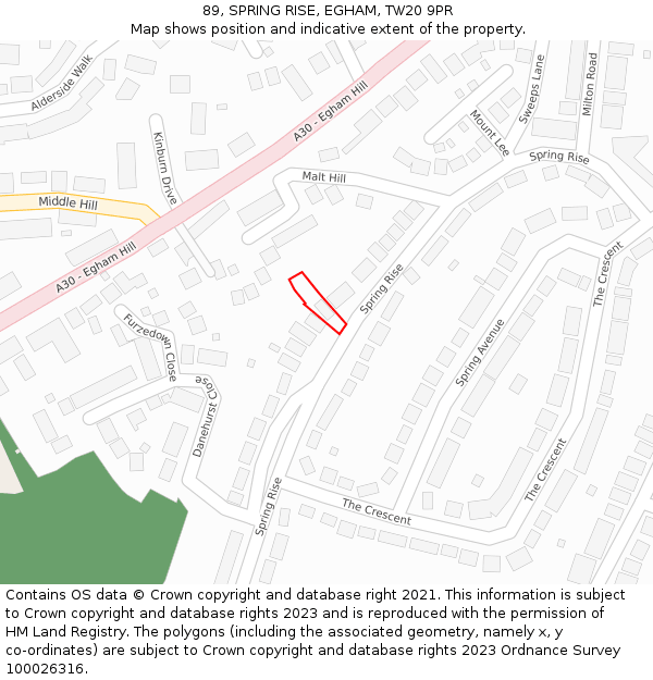89, SPRING RISE, EGHAM, TW20 9PR: Location map and indicative extent of plot
