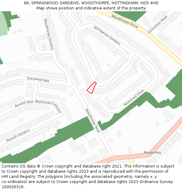 89, SPRINGWOOD GARDENS, WOODTHORPE, NOTTINGHAM, NG5 4HD: Location map and indicative extent of plot
