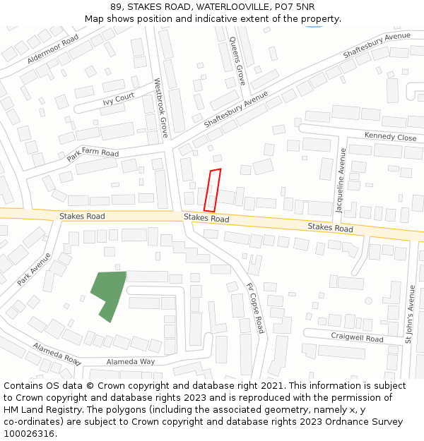 89, STAKES ROAD, WATERLOOVILLE, PO7 5NR: Location map and indicative extent of plot