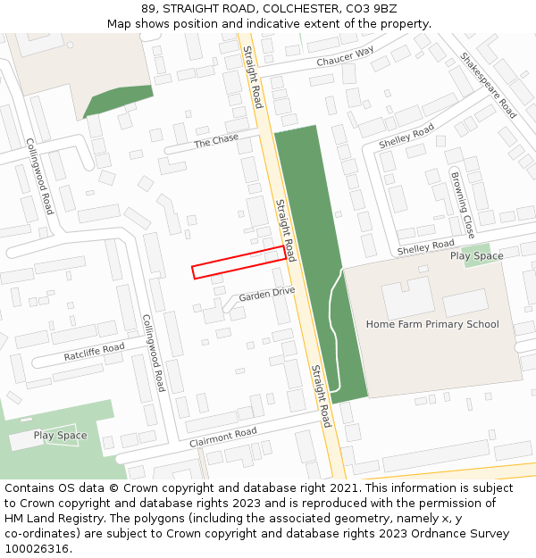 89, STRAIGHT ROAD, COLCHESTER, CO3 9BZ: Location map and indicative extent of plot