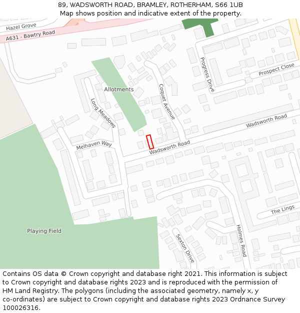 89, WADSWORTH ROAD, BRAMLEY, ROTHERHAM, S66 1UB: Location map and indicative extent of plot