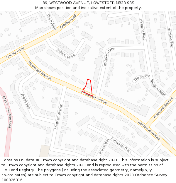 89, WESTWOOD AVENUE, LOWESTOFT, NR33 9RS: Location map and indicative extent of plot