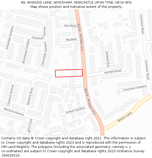 89, WHAGGS LANE, WHICKHAM, NEWCASTLE UPON TYNE, NE16 4PQ: Location map and indicative extent of plot