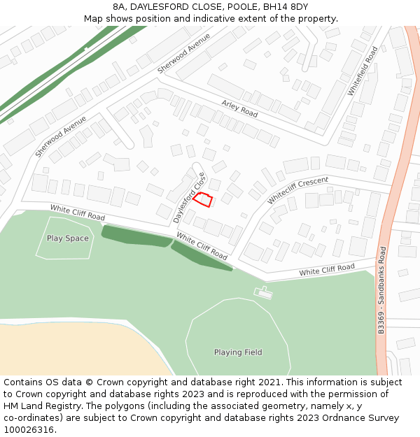 8A, DAYLESFORD CLOSE, POOLE, BH14 8DY: Location map and indicative extent of plot