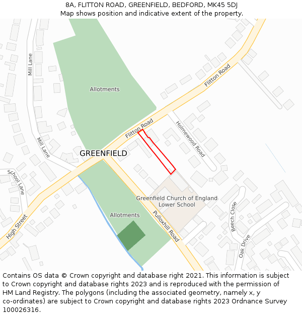 8A, FLITTON ROAD, GREENFIELD, BEDFORD, MK45 5DJ: Location map and indicative extent of plot