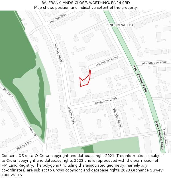 8A, FRANKLANDS CLOSE, WORTHING, BN14 0BD: Location map and indicative extent of plot