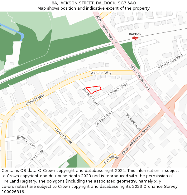 8A, JACKSON STREET, BALDOCK, SG7 5AQ: Location map and indicative extent of plot