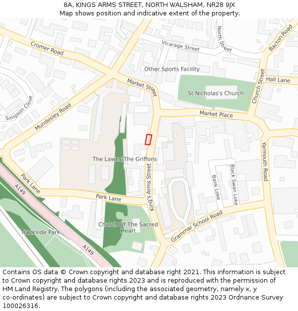 8A, KINGS ARMS STREET, NORTH WALSHAM, NR28 9JX: Location map and indicative extent of plot