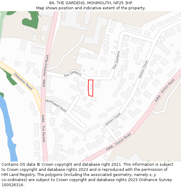 8A, THE GARDENS, MONMOUTH, NP25 3HF: Location map and indicative extent of plot