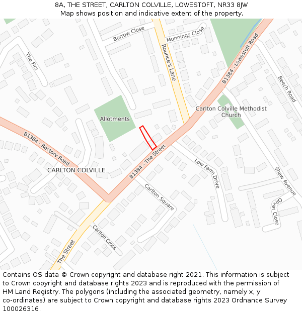 8A, THE STREET, CARLTON COLVILLE, LOWESTOFT, NR33 8JW: Location map and indicative extent of plot