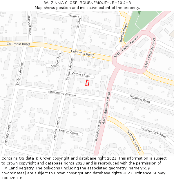 8A, ZINNIA CLOSE, BOURNEMOUTH, BH10 4HR: Location map and indicative extent of plot