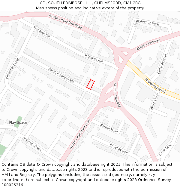 8D, SOUTH PRIMROSE HILL, CHELMSFORD, CM1 2RG: Location map and indicative extent of plot