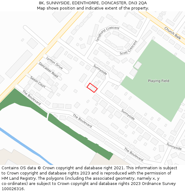 8K, SUNNYSIDE, EDENTHORPE, DONCASTER, DN3 2QA: Location map and indicative extent of plot