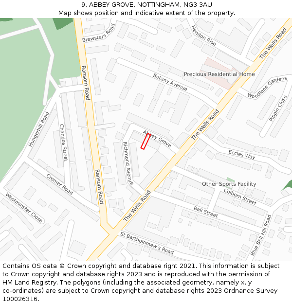 9, ABBEY GROVE, NOTTINGHAM, NG3 3AU: Location map and indicative extent of plot
