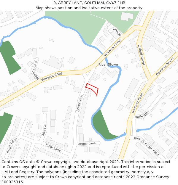 9, ABBEY LANE, SOUTHAM, CV47 1HR: Location map and indicative extent of plot