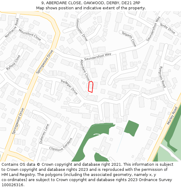 9, ABERDARE CLOSE, OAKWOOD, DERBY, DE21 2RP: Location map and indicative extent of plot