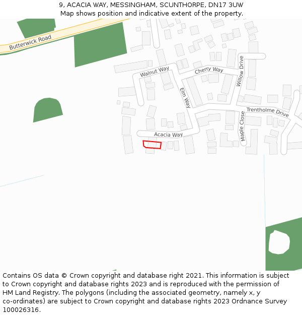 9, ACACIA WAY, MESSINGHAM, SCUNTHORPE, DN17 3UW: Location map and indicative extent of plot