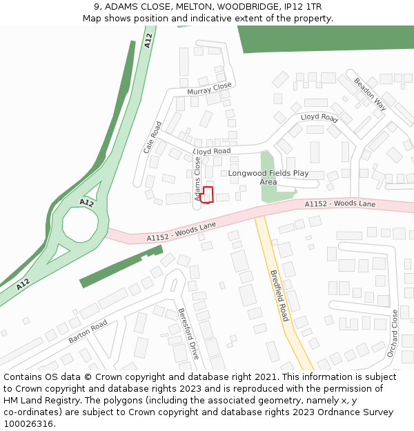 9, ADAMS CLOSE, MELTON, WOODBRIDGE, IP12 1TR: Location map and indicative extent of plot