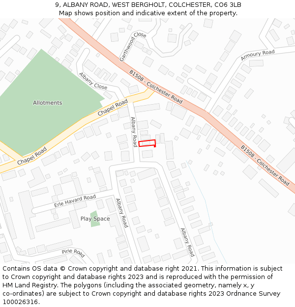 9, ALBANY ROAD, WEST BERGHOLT, COLCHESTER, CO6 3LB: Location map and indicative extent of plot