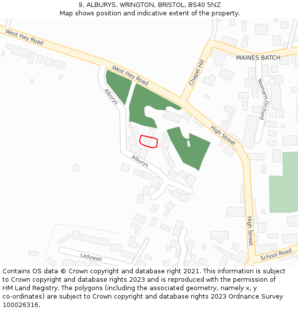9, ALBURYS, WRINGTON, BRISTOL, BS40 5NZ: Location map and indicative extent of plot