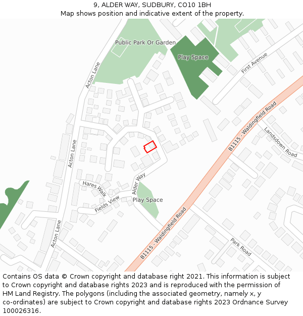 9, ALDER WAY, SUDBURY, CO10 1BH: Location map and indicative extent of plot