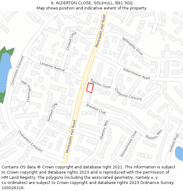 9, ALDERTON CLOSE, SOLIHULL, B91 3GQ: Location map and indicative extent of plot