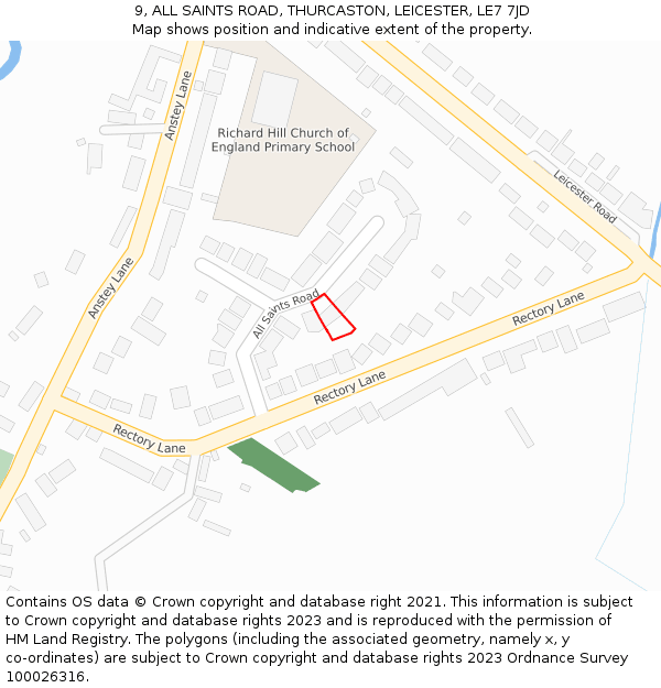 9, ALL SAINTS ROAD, THURCASTON, LEICESTER, LE7 7JD: Location map and indicative extent of plot
