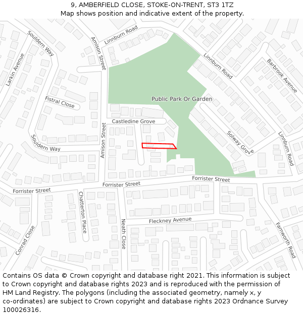 9, AMBERFIELD CLOSE, STOKE-ON-TRENT, ST3 1TZ: Location map and indicative extent of plot