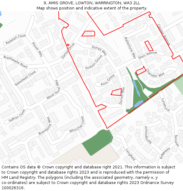 9, AMIS GROVE, LOWTON, WARRINGTON, WA3 2LL: Location map and indicative extent of plot