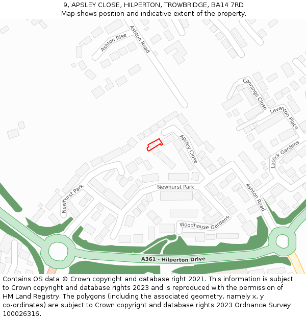 9, APSLEY CLOSE, HILPERTON, TROWBRIDGE, BA14 7RD: Location map and indicative extent of plot