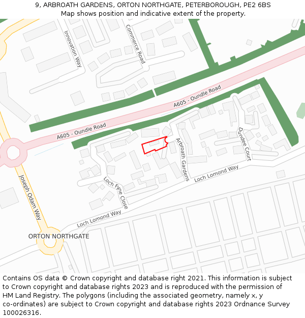 9, ARBROATH GARDENS, ORTON NORTHGATE, PETERBOROUGH, PE2 6BS: Location map and indicative extent of plot