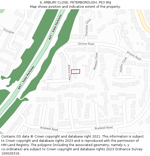 9, ARBURY CLOSE, PETERBOROUGH, PE3 9NJ: Location map and indicative extent of plot