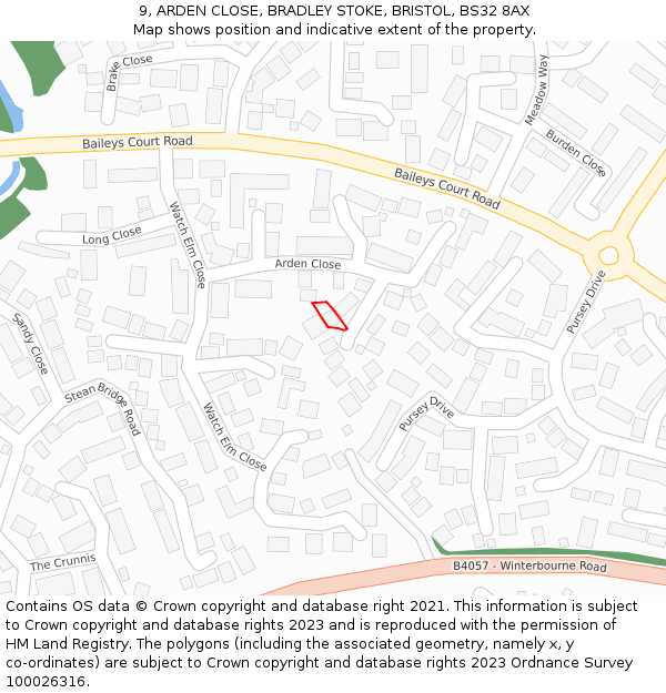 9, ARDEN CLOSE, BRADLEY STOKE, BRISTOL, BS32 8AX: Location map and indicative extent of plot