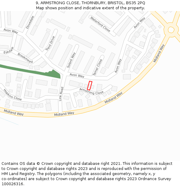 9, ARMSTRONG CLOSE, THORNBURY, BRISTOL, BS35 2PQ: Location map and indicative extent of plot