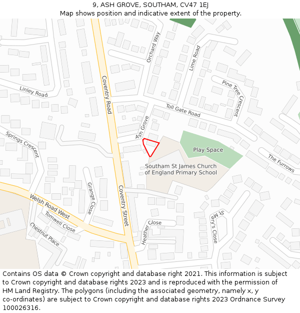 9, ASH GROVE, SOUTHAM, CV47 1EJ: Location map and indicative extent of plot