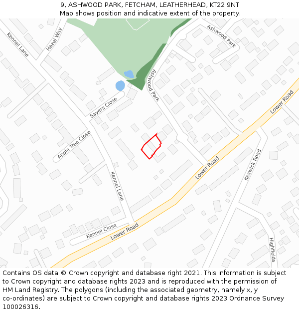 9, ASHWOOD PARK, FETCHAM, LEATHERHEAD, KT22 9NT: Location map and indicative extent of plot