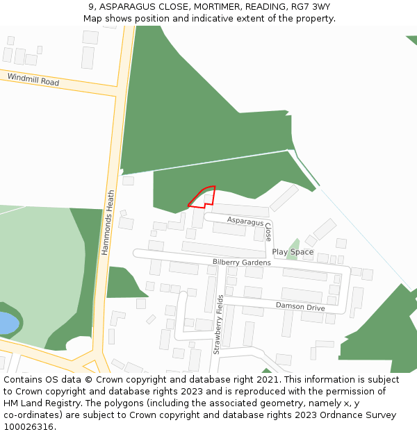 9, ASPARAGUS CLOSE, MORTIMER, READING, RG7 3WY: Location map and indicative extent of plot