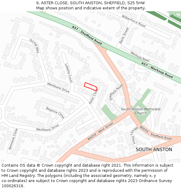 9, ASTER CLOSE, SOUTH ANSTON, SHEFFIELD, S25 5HW: Location map and indicative extent of plot
