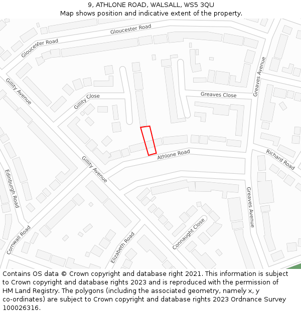 9, ATHLONE ROAD, WALSALL, WS5 3QU: Location map and indicative extent of plot