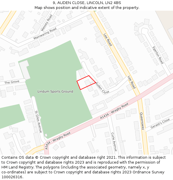 9, AUDEN CLOSE, LINCOLN, LN2 4BS: Location map and indicative extent of plot